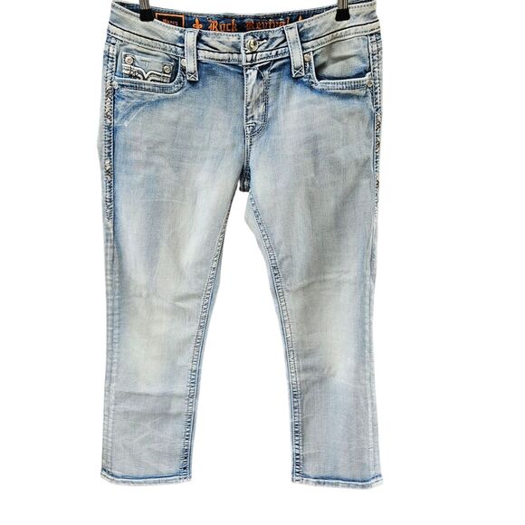 Rock Revival Crop Jeans 29 X 25 Nancy Light Wash Embroidered With Rhinestones - Picture 2 of 10